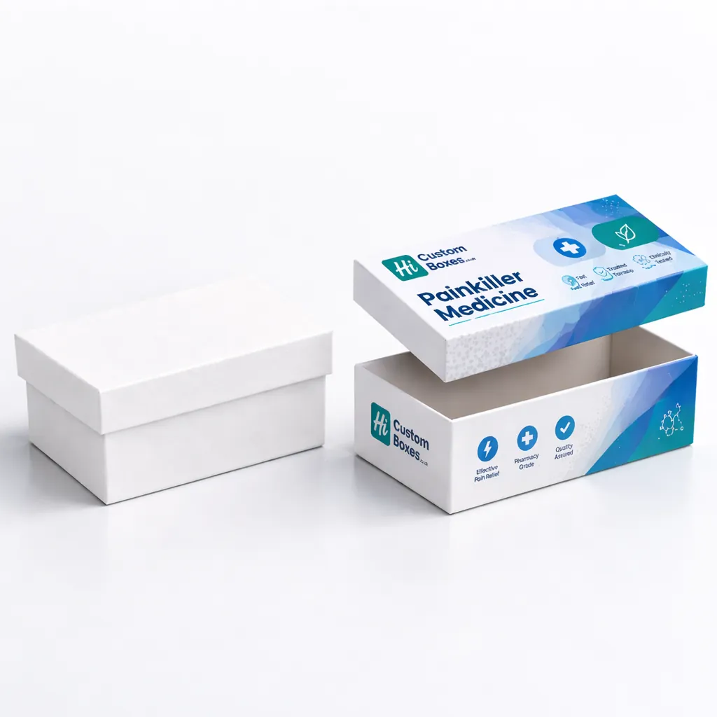 Two square two-piece rigid boxes with lids, one minimalist white and one with pharmaceutical teal branding. class=